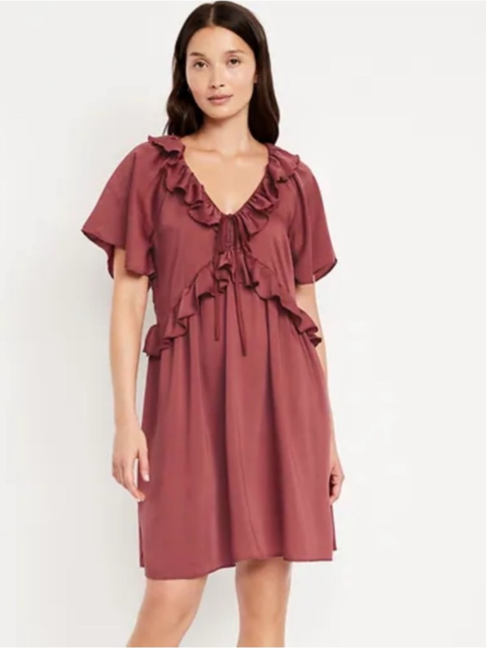 Old Navy Ruffle-Trim V-Neck Dress in Burgundy